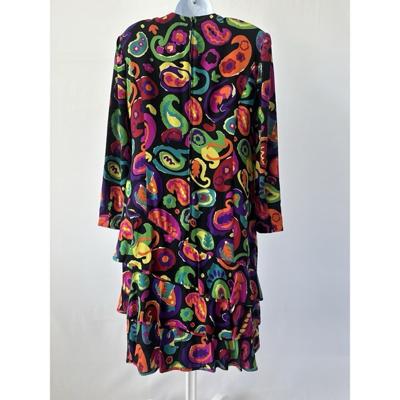 Black Bright Paisley VTG Louis Feraud Silk Drop Waist Ruffle Dress, Sz: 12 (b24) - Picture 2 of 6